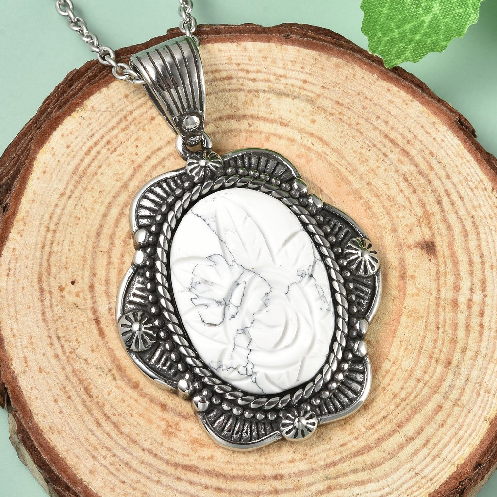 White Howlite Carved Rose Pendant Necklace 20 In Stainless Steel 2000 Ct E471 14$